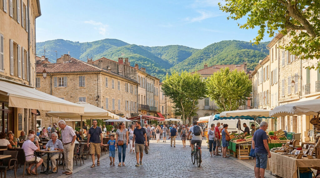 Rue pavée d'Alès animée par un marché, terrasses de café et passants. Bâtiments anciens et montagnes des Cévennes au loin.