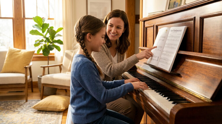 Une professeure de piano aide une jeune fille à lire une partition devant un piano droit dans un salon lumineux.