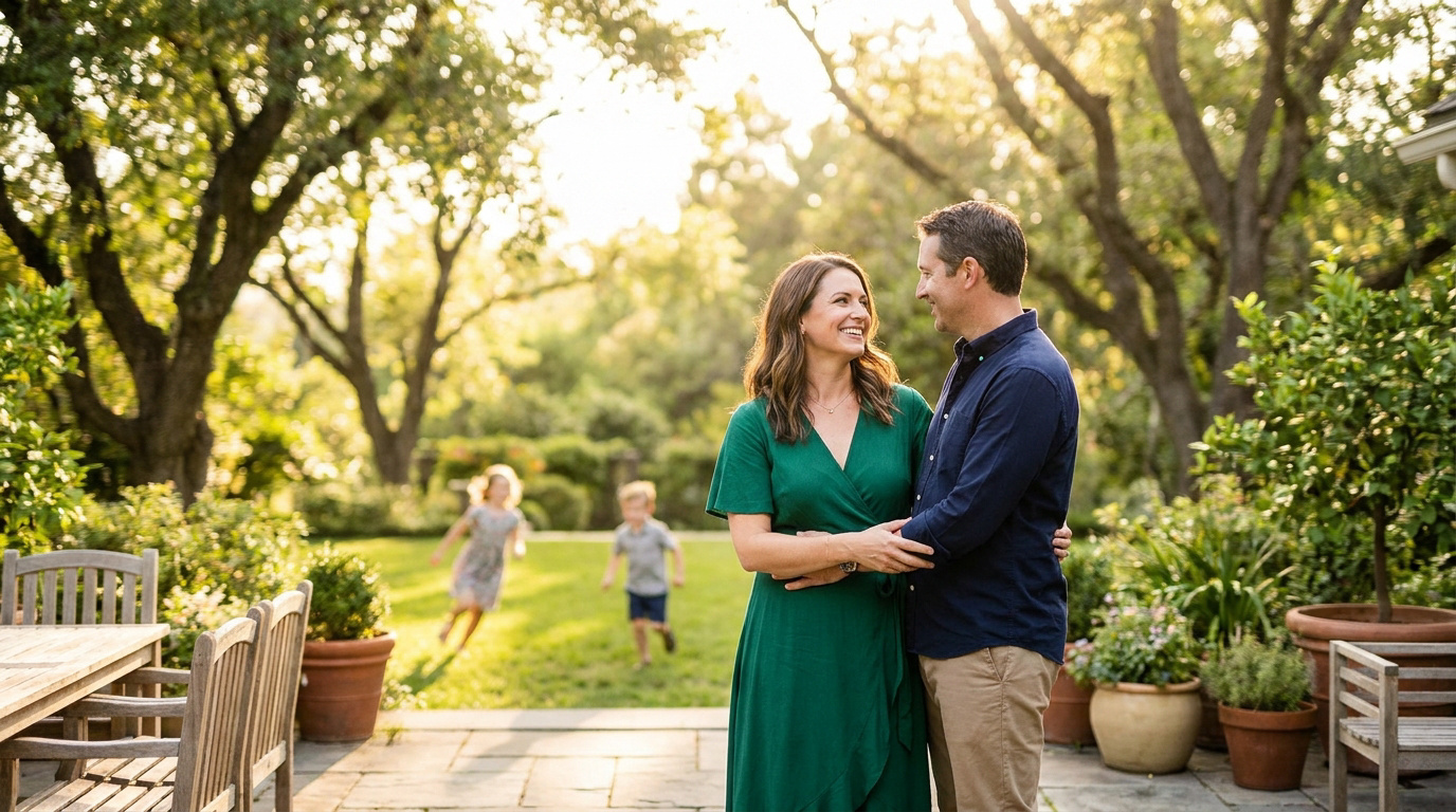 Couple souriant face à face sur une terrasse avec des enfants courant en arrière-plan dans un jardin ensoleillé.