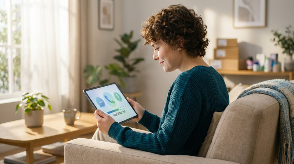 Une personne assise sur un canapé utilise une tablette pour contacter le service client en ligne.