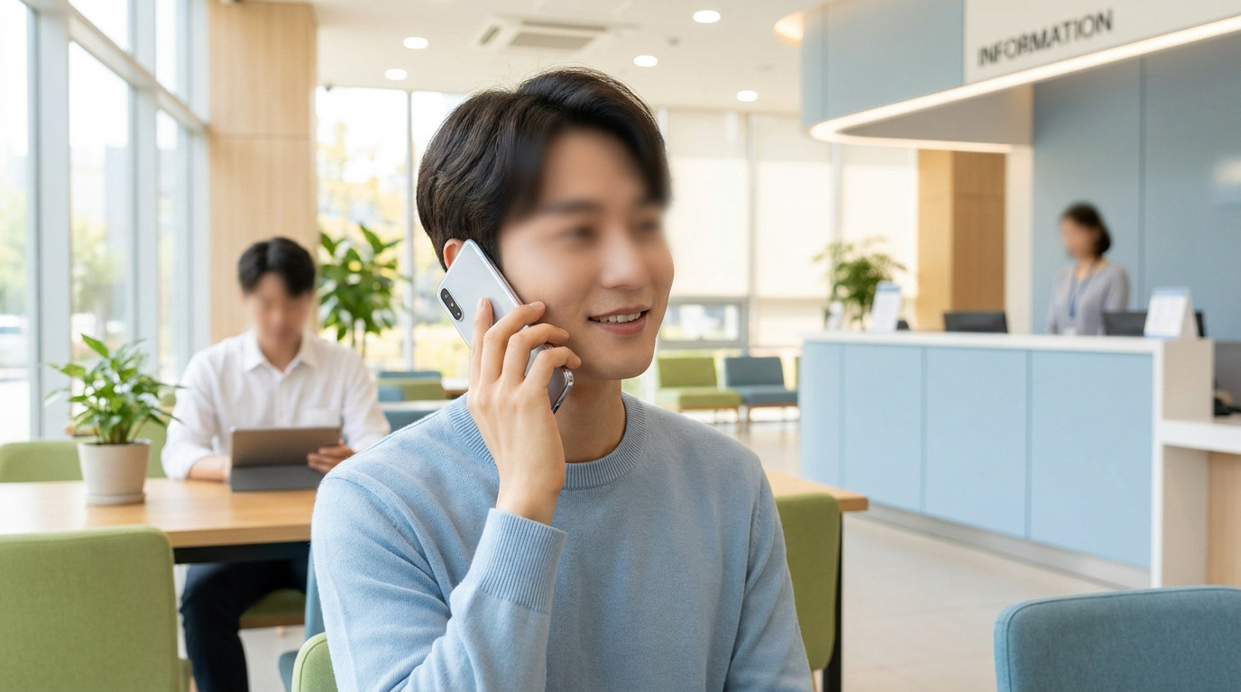 Un homme souriant parle au téléphone dans une agence moderne avec un guichet d'accueil en arrière-plan.