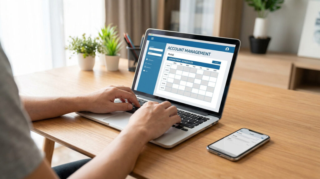 Une personne utilise un ordinateur portable pour gérer des rendez-vous sur un portail de gestion de compte.
