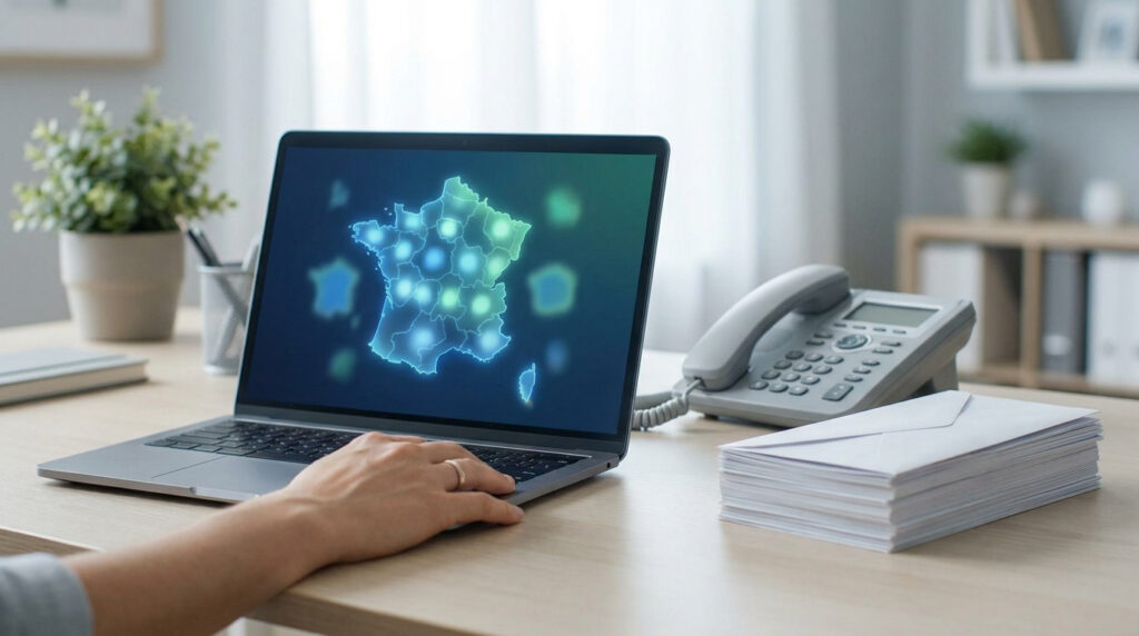 Une personne utilise un ordinateur affichant une carte interactive de France sur un bureau de travail.