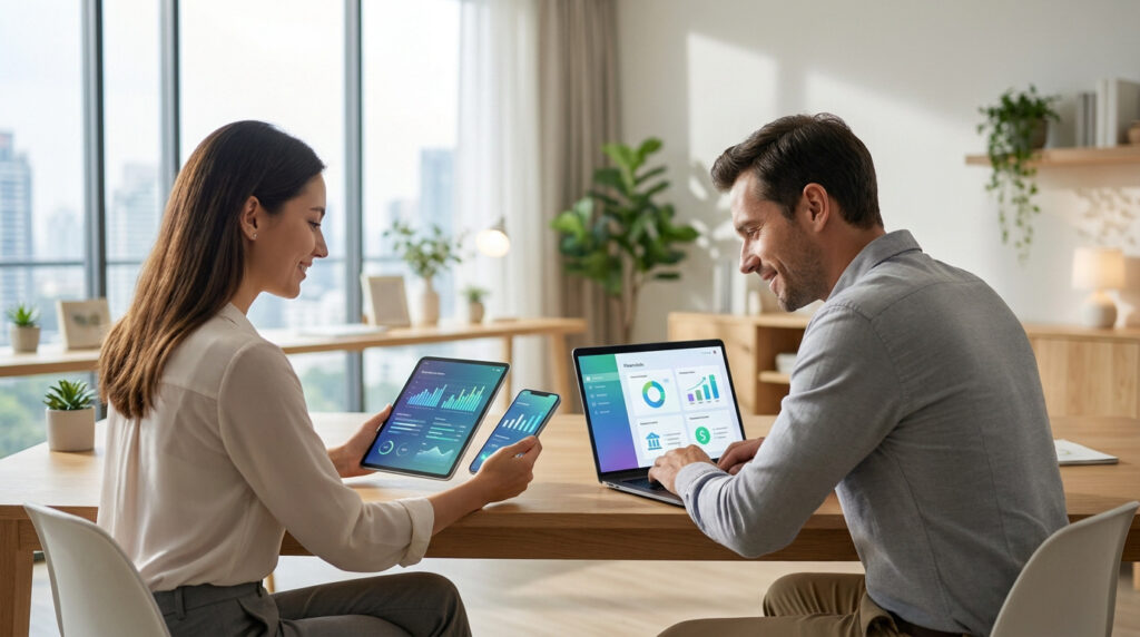 Un homme et une femme travaillant ensemble sur des graphiques financiers via une tablette, un smartphone et un ordinateur.