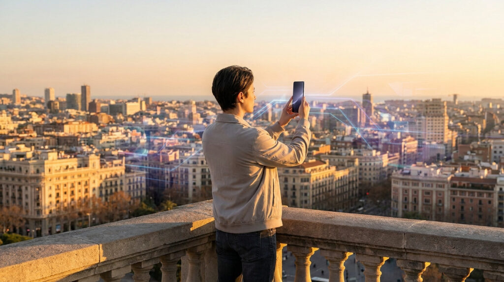 Une personne sur une terrasse observe un paysage urbain avec un smartphone affichant des données numériques en surimpression.