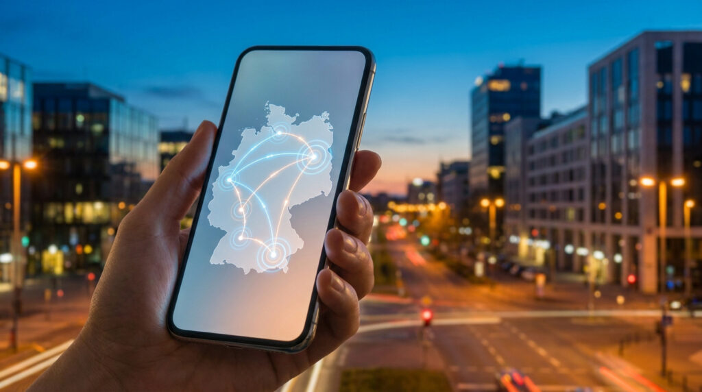 Main tenant un smartphone affichant une carte de l'Allemagne avec un réseau de connexions lumineuses en arrière-plan urbain.