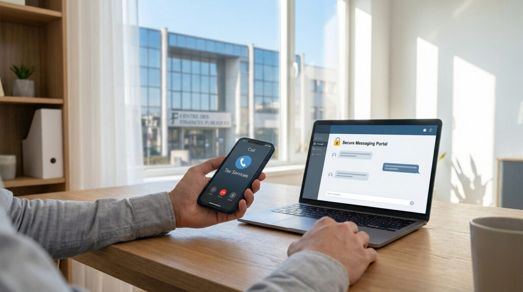 Personne utilisant un smartphone et un ordinateur pour contacter les services des finances publiques.