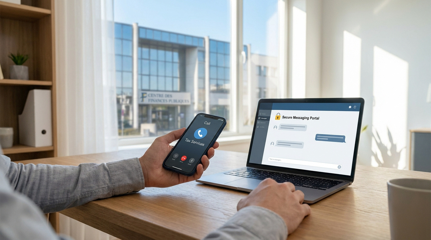 Personne utilisant un smartphone et un ordinateur pour contacter les services des finances publiques.