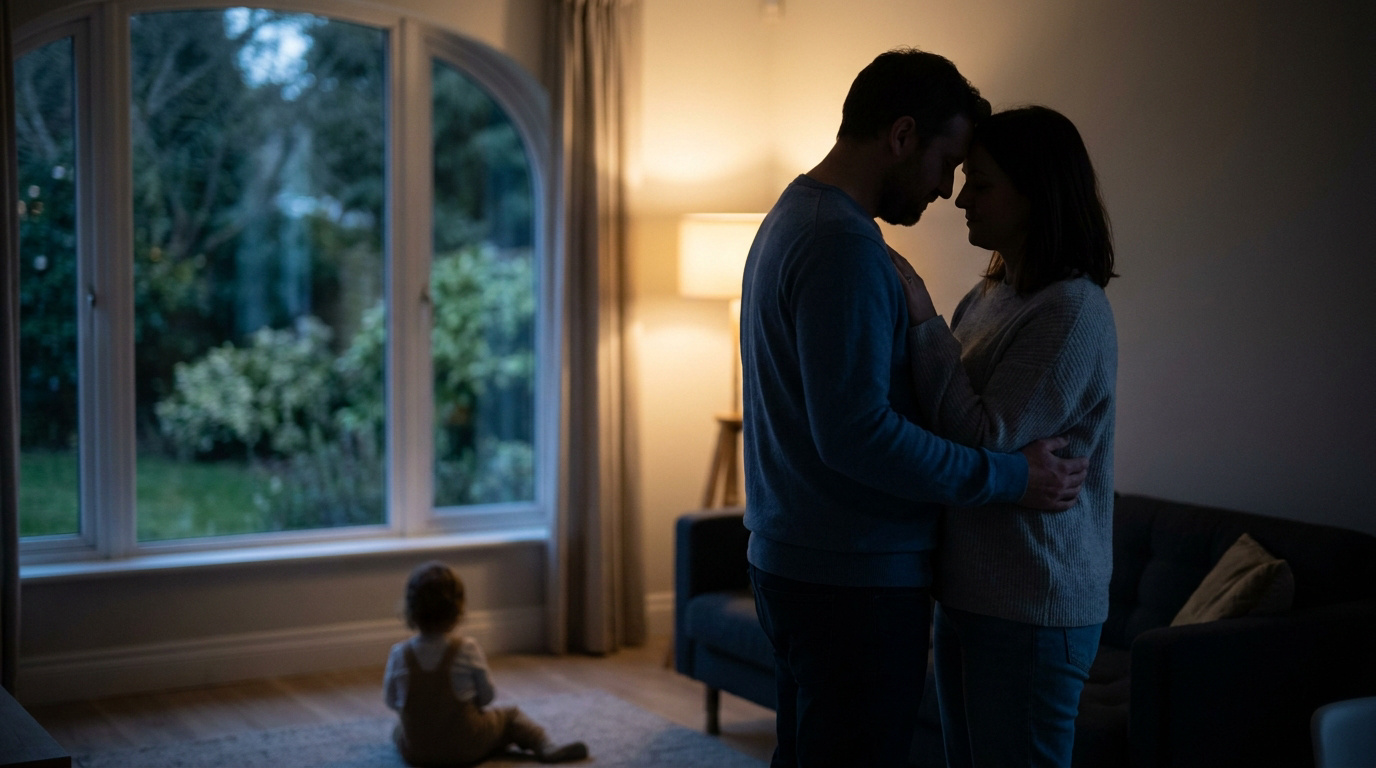 Un couple enlacé devant une fenêtre avec un enfant jouant au sol dans une ambiance feutrée et chaleureuse.