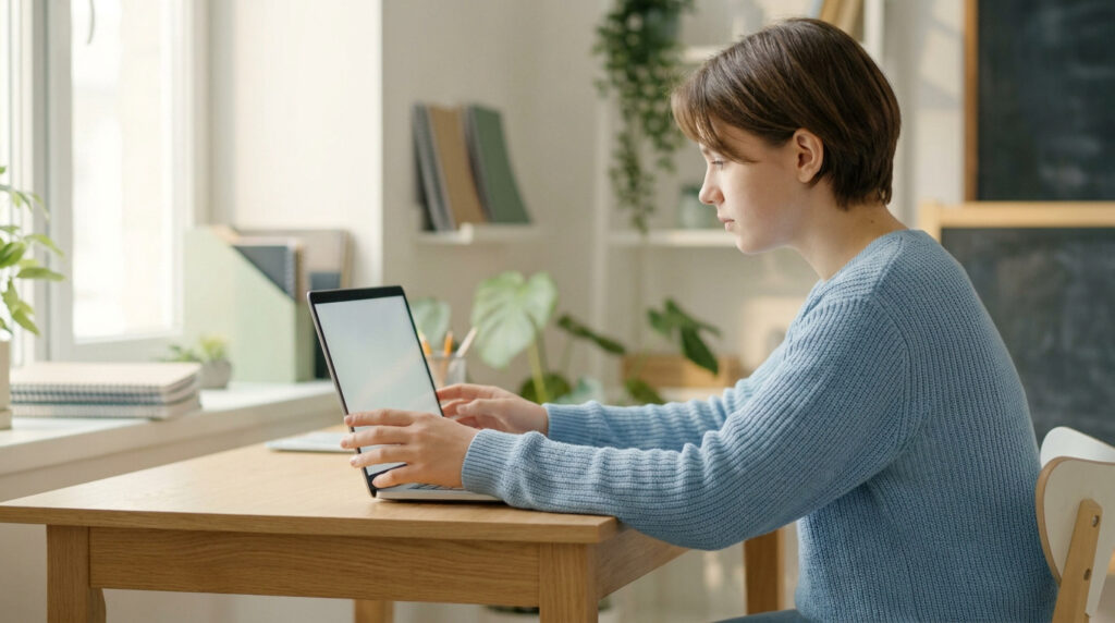 Un adolescent avec un pull bleu assis à un bureau en bois devant un ordinateur portable dans une chambre lumineuse.