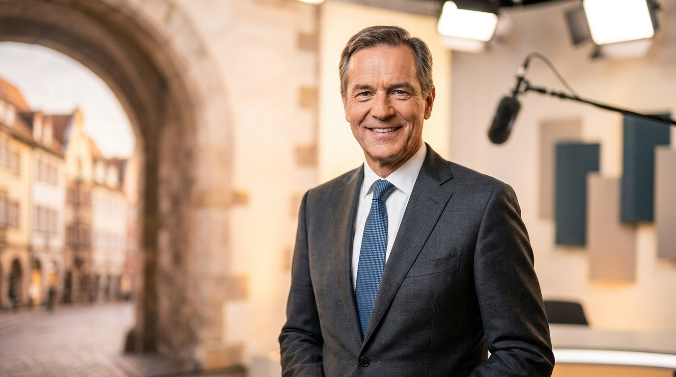 Julien Courbet, animateur de télévision français, souriant devant un plateau de tournage avec une rue en arrière-plan.