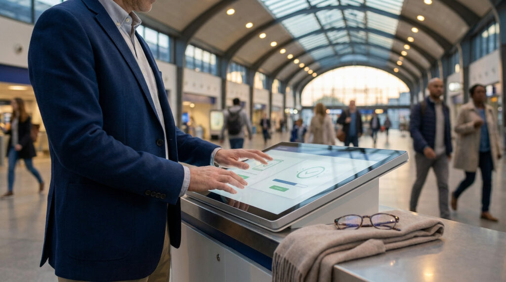 Un homme en veste bleue utilise une borne tactile dans une gare SNCF animée avec des voyageurs en arrière-plan.