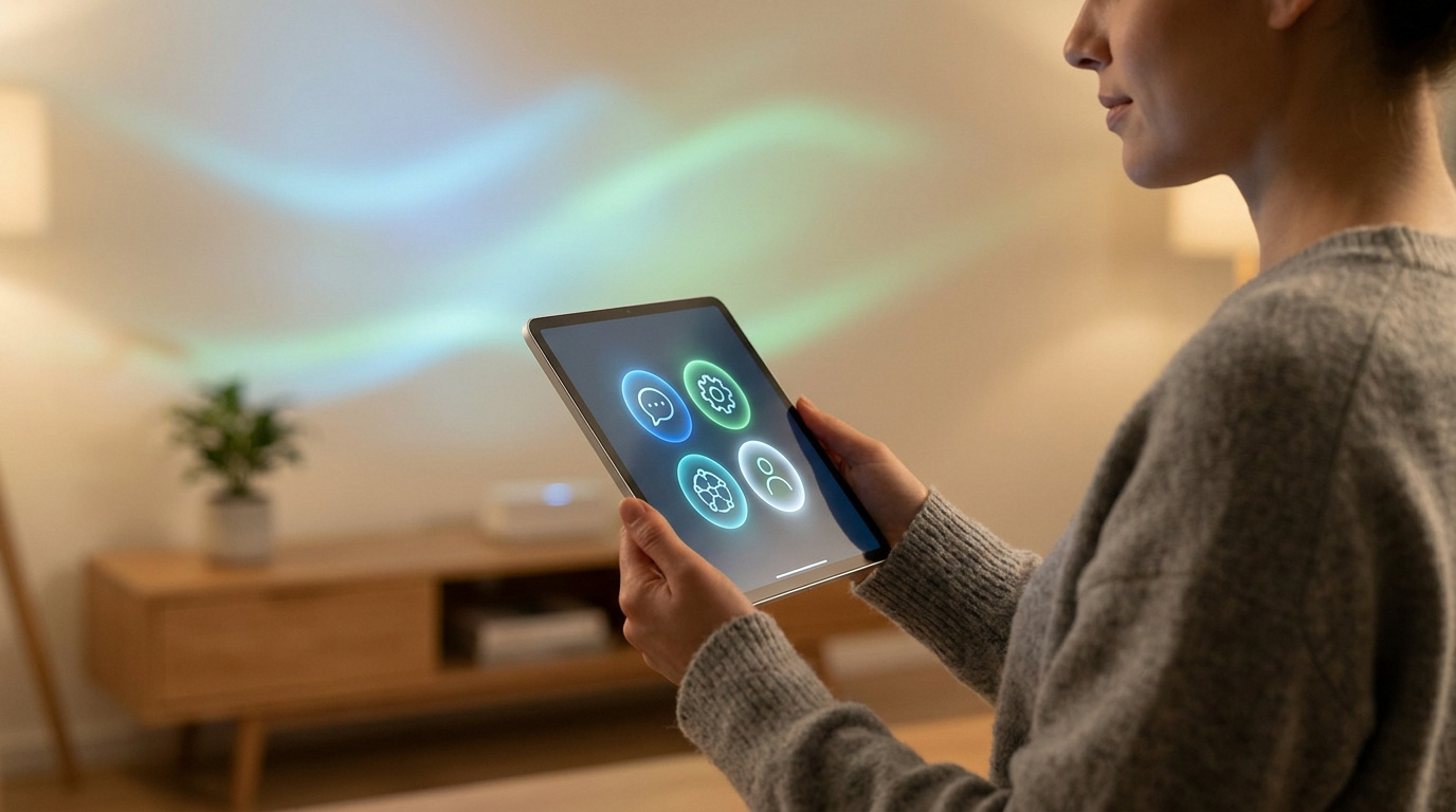 Une personne utilise une tablette affichant des icônes numériques lumineuses pour gérer ses services à domicile.
