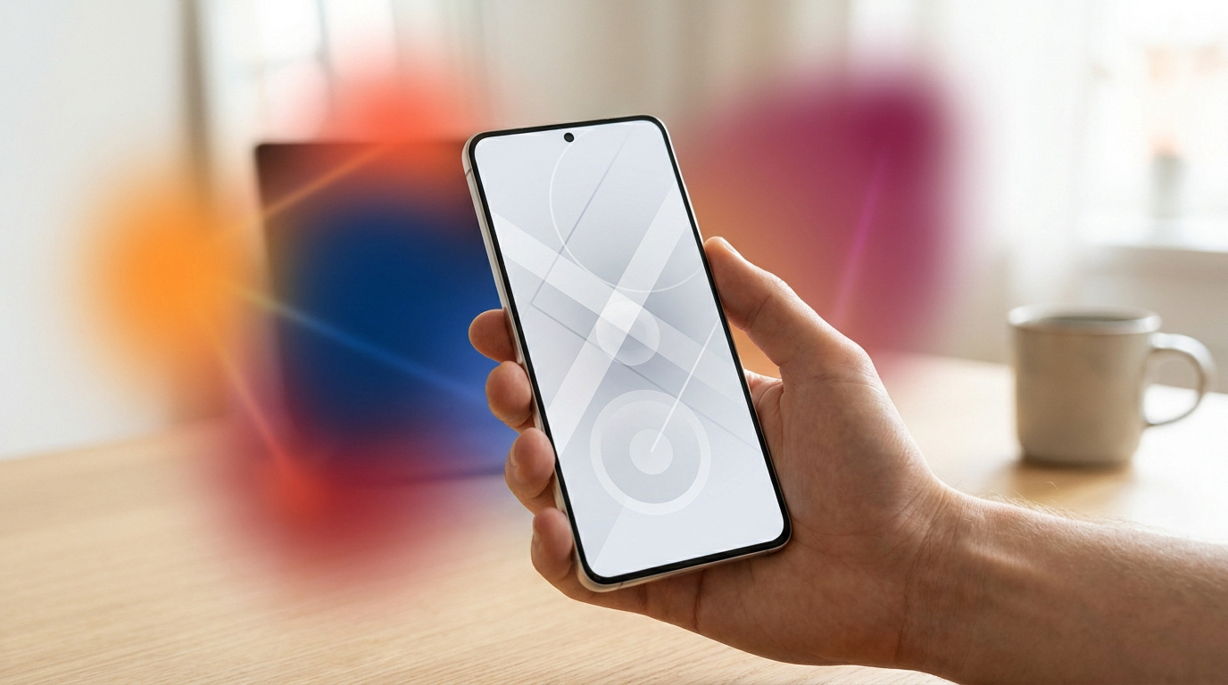 Une main tenant un smartphone avec un écran vide, sur fond de bureau flou avec des reflets colorés.