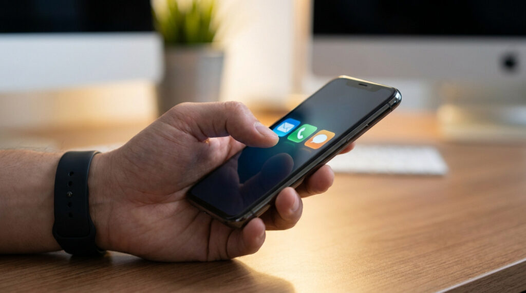 Une main tenant un smartphone avec des icônes de contact (email, téléphone, message) affichées à l'écran.