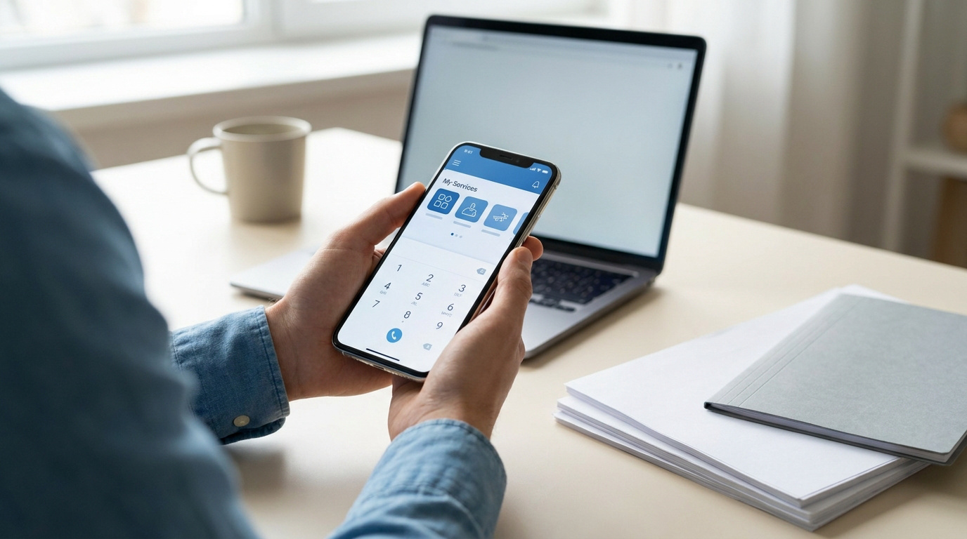 Gros plan sur des mains tenant un smartphone affichant un pavé numérique, avec un ordinateur portable en arrière-plan.