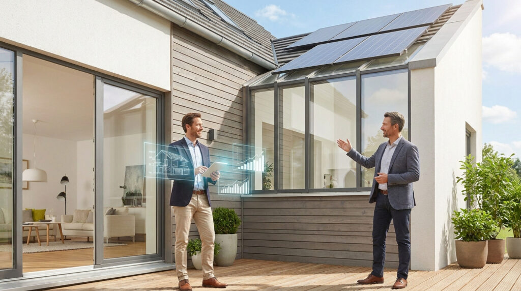Deux hommes en costume discutant devant une maison moderne équipée de panneaux solaires avec des graphiques holographiques.
