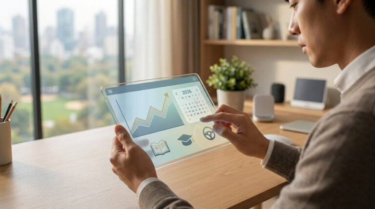 Un homme utilise une tablette transparente affichant un calendrier 2026 et des icônes de formation près d'une fenêtre.