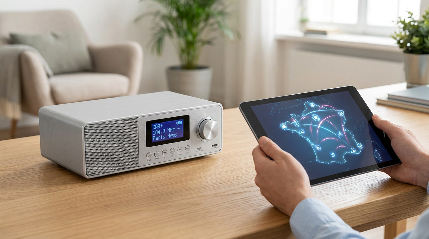 Une personne tient une tablette affichant une carte de France connectée à côté d'une radio numérique DAB+.