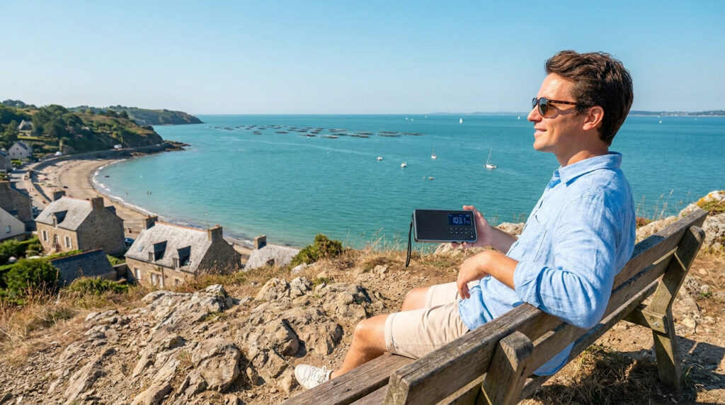 Un homme avec des lunettes de soleil écoute une radio portable sur un banc surplombant la baie de Cancale.