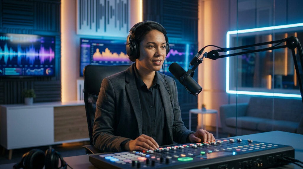 Une animatrice radio professionnelle travaillant dans un studio moderne avec une console de mixage et des écrans.