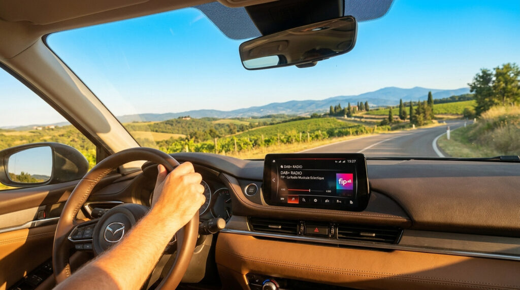 Conducteur tenant le volant avec un écran multimédia affichant FIP radio sur une route de campagne ensoleillée.