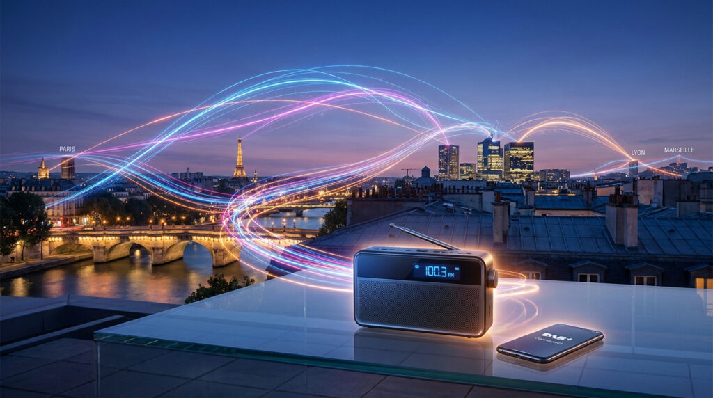 Radio portative sur une terrasse avec des ondes lumineuses reliant des villes françaises comme Paris, Lyon et Marseille.