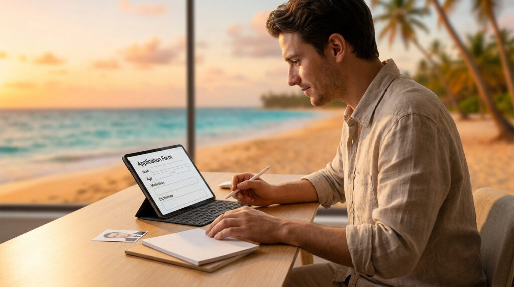 Un homme remplit un formulaire de candidature en ligne sur une tablette face à une plage tropicale au coucher du soleil.