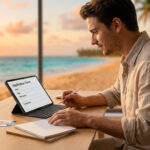 Un homme remplit un formulaire de candidature en ligne sur une tablette face à une plage tropicale au coucher du soleil.