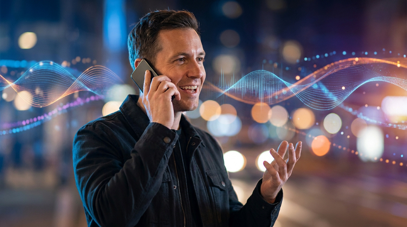 Un homme souriant au téléphone devant un arrière-plan urbain flou avec des ondes sonores numériques stylisées.