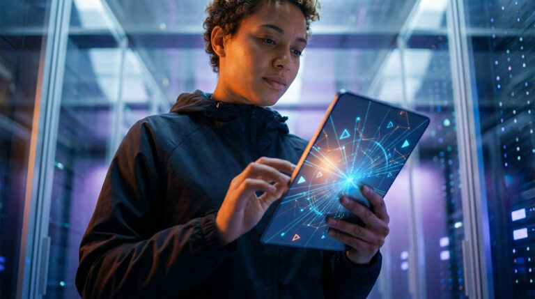 Une femme consulte une tablette avec des graphiques numériques dans un centre de données aux lumières bleues et violettes.