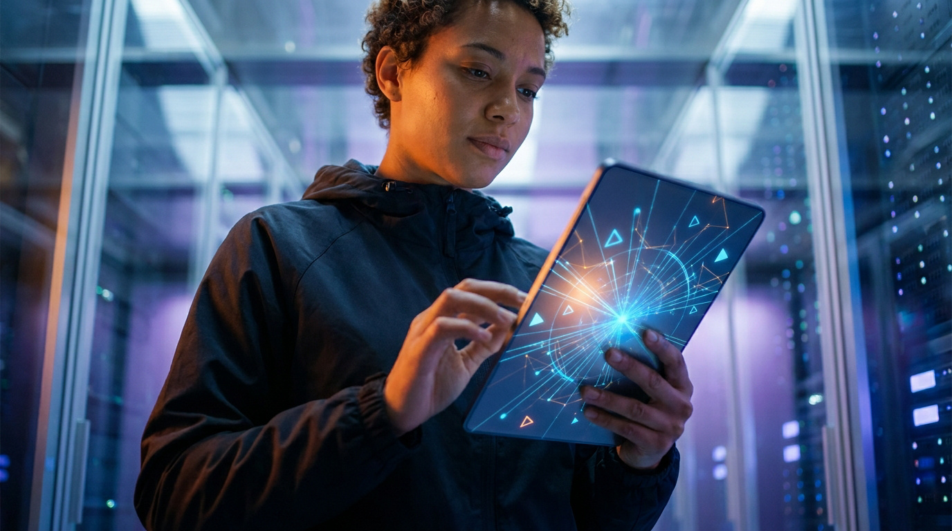 Une femme consulte une tablette avec des graphiques numériques dans un centre de données aux lumières bleues et violettes.