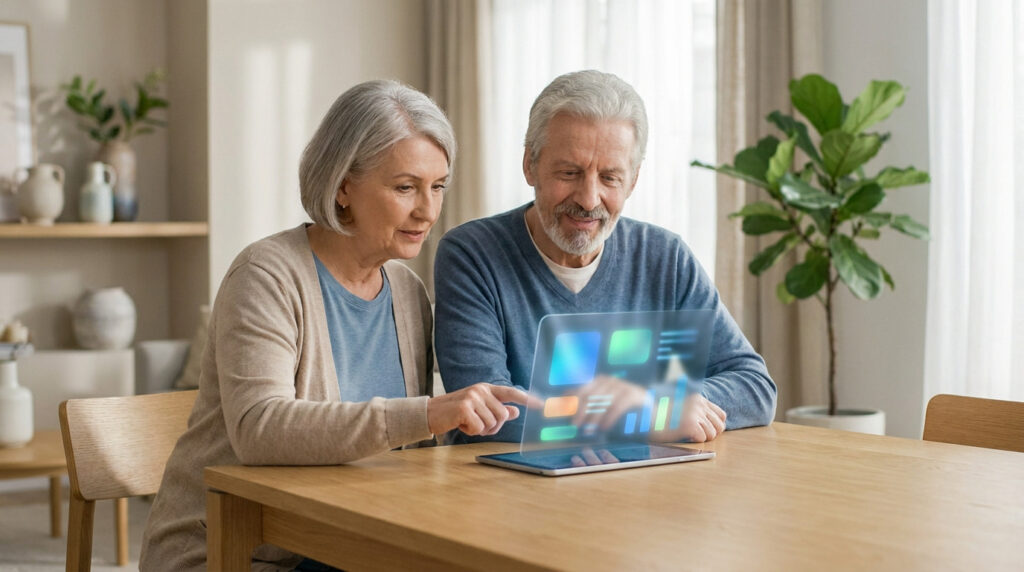 Un couple âgé assis à une table consulte des données numériques sur une tablette tactile dans un salon lumineux.