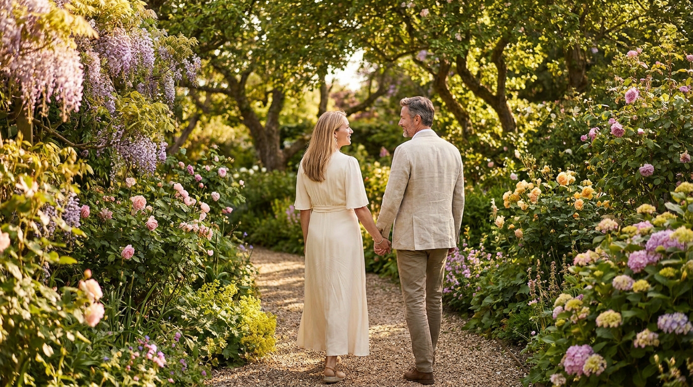 Un couple mature se tenant par la main et marchant dans un jardin fleuri et luxuriant.