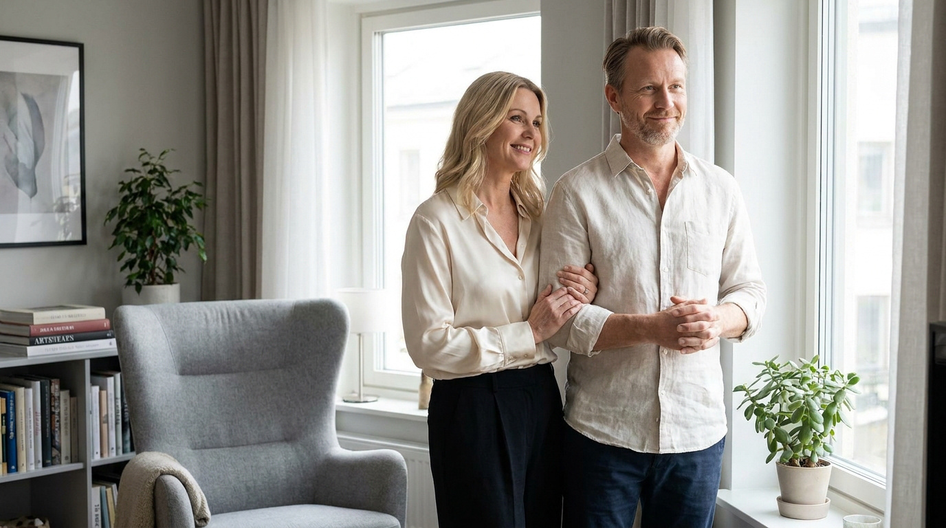 Un couple souriant, une femme blonde et un homme, posent ensemble dans un salon lumineux.