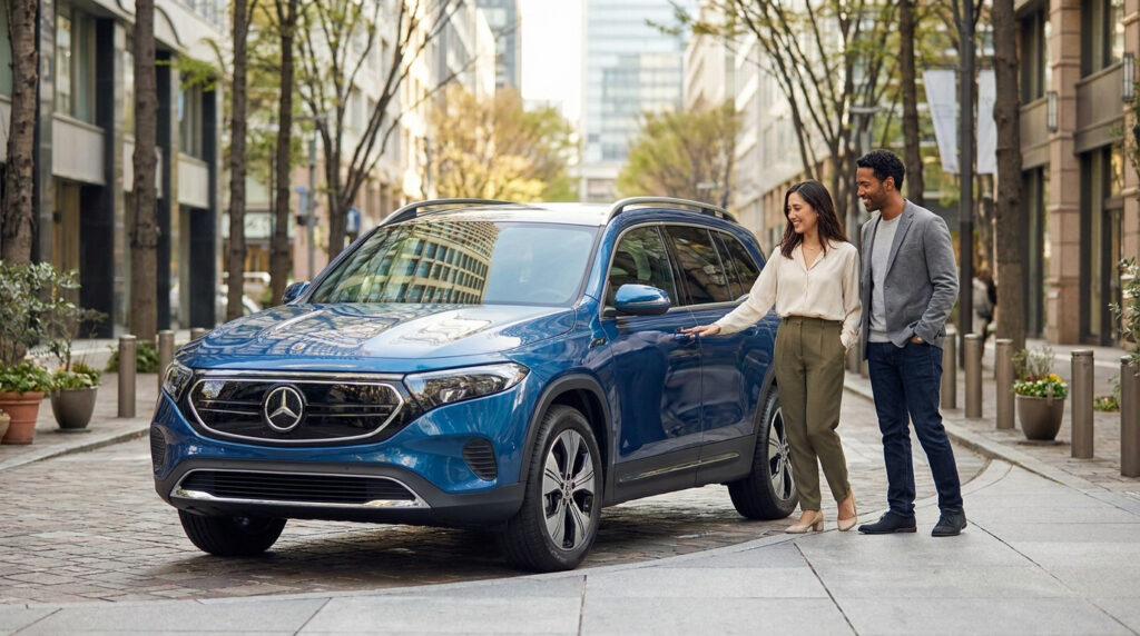 Un couple découvre un SUV Mercedes électrique bleu stationné dans une rue urbaine moderne et lumineuse.