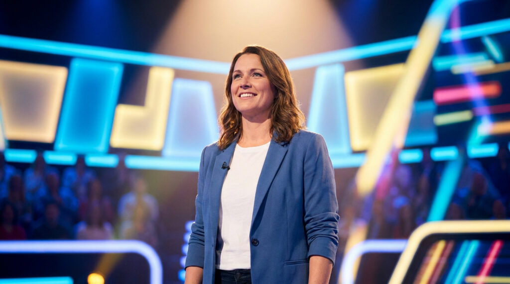 Une femme souriante portant un blazer bleu sur le plateau de l'émission Les 12 Coups de midi.