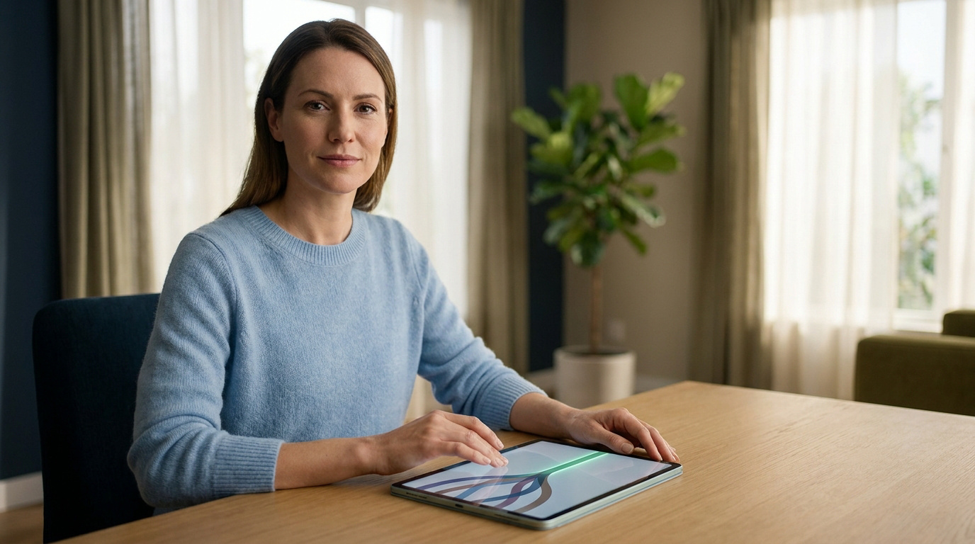 Une femme utilisant une tablette numérique pour gérer ses finances personnelles à domicile.