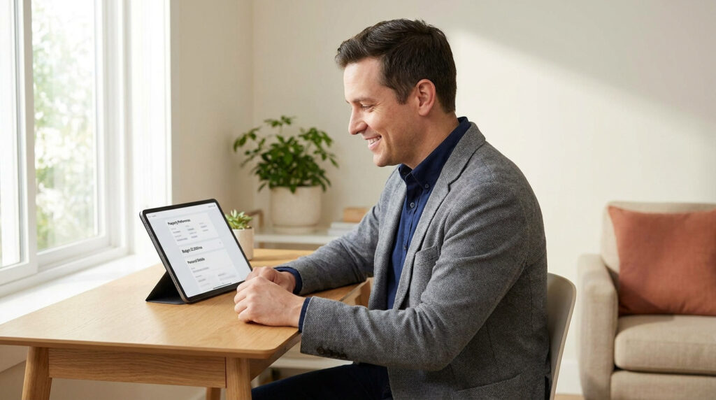 Un homme souriant remplissant un formulaire de candidature sur une tablette numérique installé à un bureau en bois.