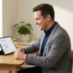 Un homme souriant remplissant un formulaire de candidature sur une tablette numérique installé à un bureau en bois.