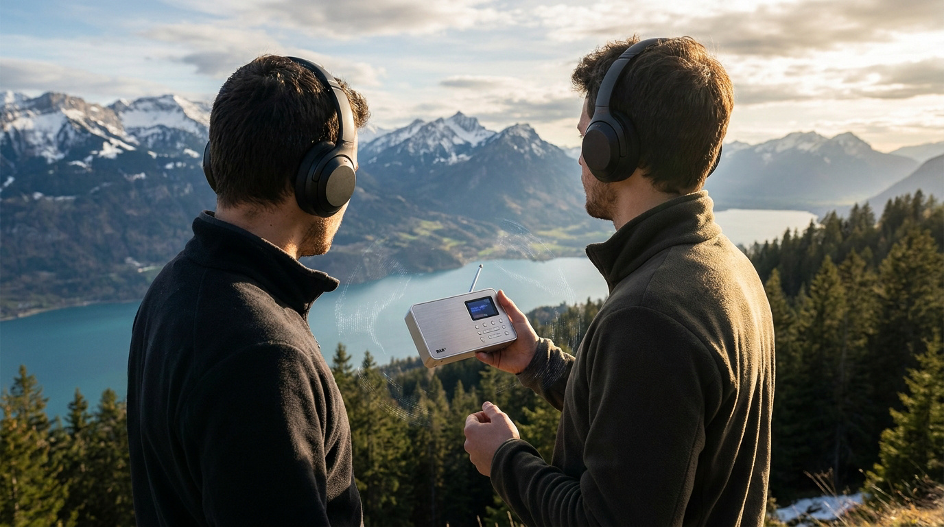 Deux hommes avec des casques audio écoutent une radio portable face à un paysage montagneux et un lac.