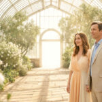 Un couple élégant se tenant par la main dans une serre lumineuse et fleurie, entouré d'une atmosphère romantique.