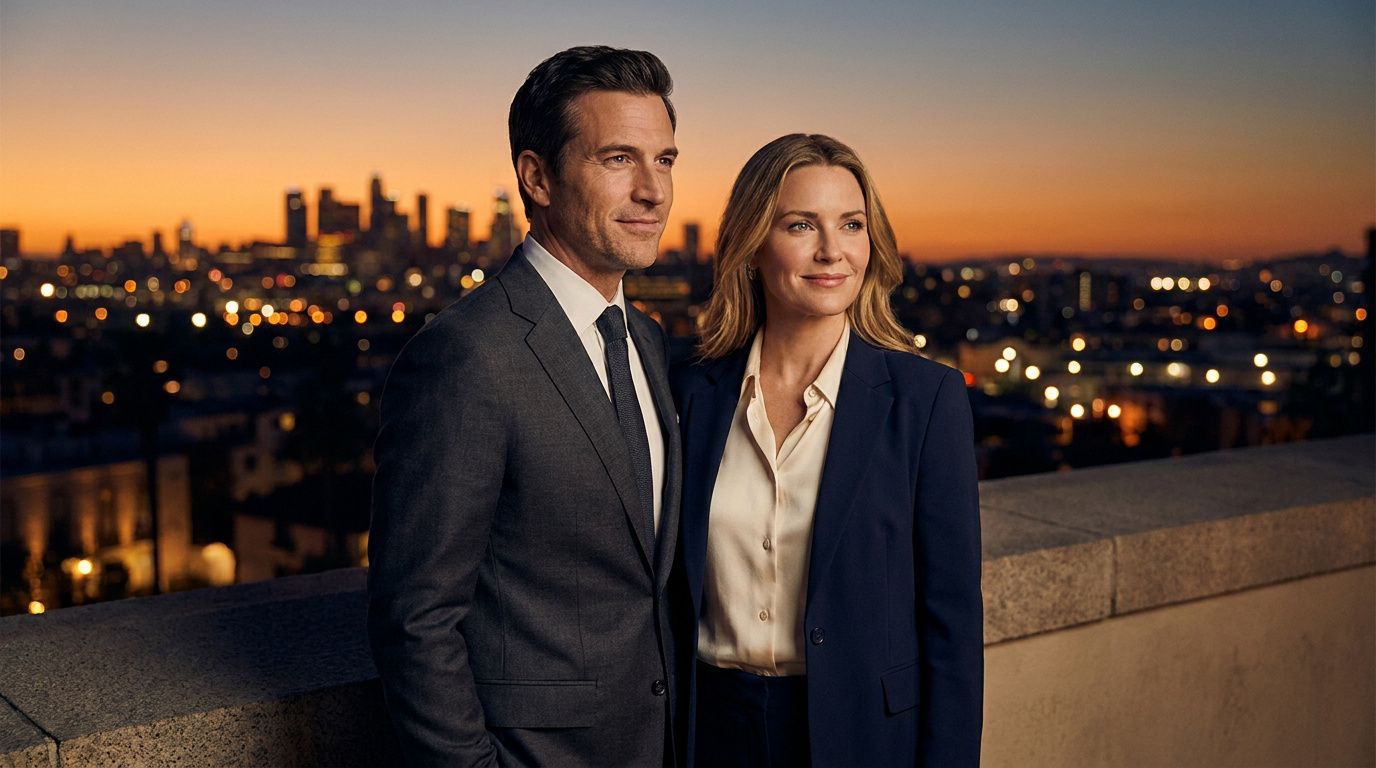 Un couple élégant pose devant un coucher de soleil urbain, avec une ligne d'horizon de ville en arrière-plan.