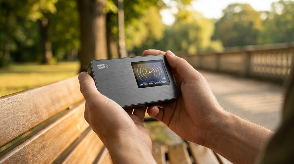 Mains tenant une radio portable DAB+ avec un écran affichant des ondes radio dans un parc ensoleillé.