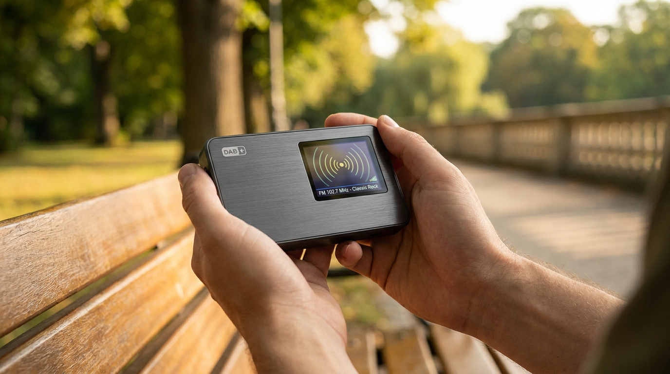 Mains tenant une radio portable DAB+ avec un écran affichant des ondes radio dans un parc ensoleillé.
