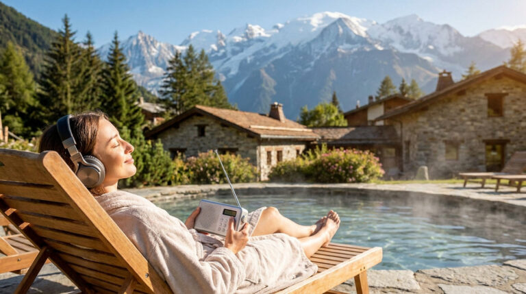 Une femme en peignoir écoute la radio sur un transat au bord d'une piscine thermale avec des montagnes en arrière-plan.