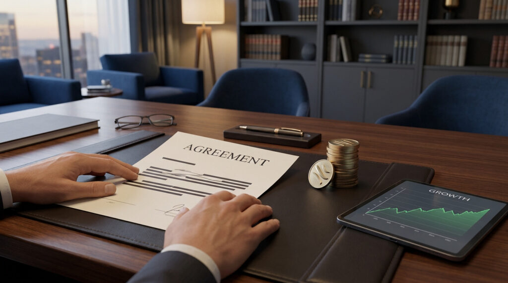 Mains d'un homme posées sur un contrat financier, avec une pile de pièces et une tablette affichant un graphique.