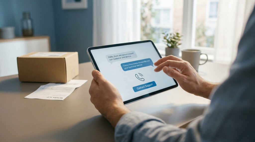 Une personne utilise une tablette pour contacter le support client à côté d'un colis Amazon et d'un bon de retour.