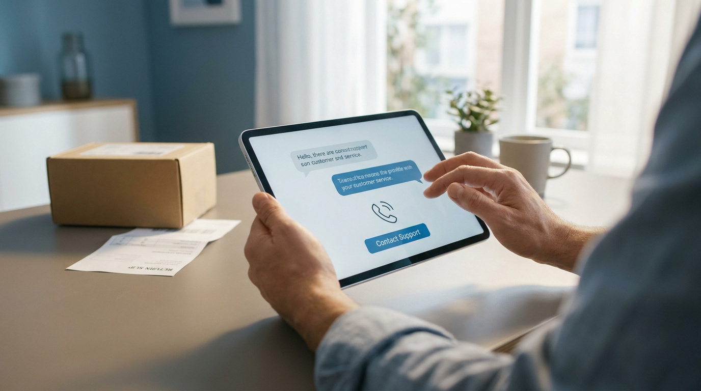 Une personne utilise une tablette pour contacter le support client à côté d'un colis Amazon et d'un bon de retour.