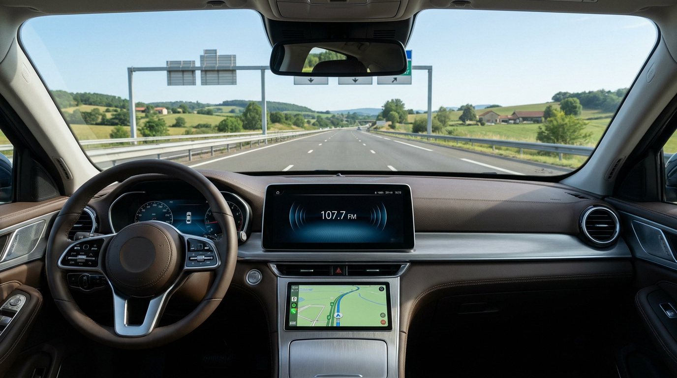 Vue du poste de conduite d'une voiture sur une autoroute française avec le 107.7 FM affiché sur l'écran multimédia.